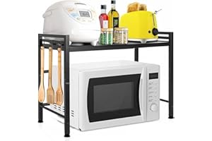 JOYART Erweiterbares Mikrowellen Regal 2-stufiges Mikrowellen-Ofenständer Ausziehbares Mikrowellenständer Mikrowellenhalter Organizer küchenregal stehend mit 8 Haken, Schwarz, (40~65) × 32 × 43.5cm