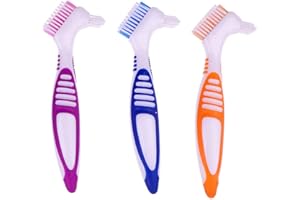 HRASY Set di pennelli per la pulizia delle protesi con setole multistrato e manico ergonomico in gomma, spazzola portatile a doppia faccia per la pulizia dei denti finti, 3 pezzi (blu, arancione, viola)