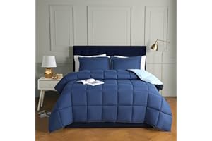 HIG 3 Piece Coverless Duvet Navy King - 240 x 220cm - Cassette Box Construction - Corner Duvet Tabs - Solid Reversible 10.5 Tog Comforter with 2 Shams - 100% Down Alternative & Breathable Bedding