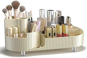 Macallen Makeup Organiser Cosmetic Storage Box, Cosmetics Organiser 360° Rotating Make up Organiser for Eyeshadow Brush, Make Up Storage Organizer Box for Dressing Table Bedroom, Cream Yellow