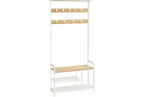 VASAGLE Coat Rack Stand, Hall Tree with Bench and Shoe Storage, 9 Removable Hooks, Shoe Rack, Shelf, 30 x 85 x 180.5 cm, for Hallway, Bedroom, Apartment, Modern, Oak and White HSR409W09