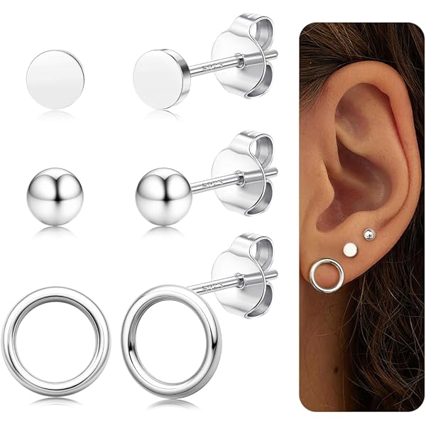 Lot 3 Paires Boucles D'Oreilles Argent 925 Zircone Cubique – 2/3/4/5 Mm Hypoallergéniques Avec Boîte