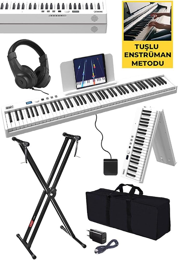 Midex PLX-100WH-ST Taşınabilir Dijital Piyano Tuş Hassasiyetli 88 Tuş Bluetooth Şarjlı (STAND Sustain Kulaklık Çanta Metod)