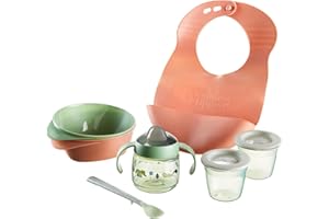 Tommee Tippee First Tastes Weaning Starter Kit, 4+ Months, Toddler Feeding Bowls and Spoons, Roll ‘n’ Go Bib, 100% Leak-Proof Weaning Sippy Cup and Food Storage Pots