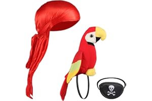 ECO-FUSED Juego de accesorios de loro pirata, loro de hombro de felpa, bandana, parche para los ojos y paño de limpieza, kit de disfraz de 3 piezas para niños y adultos, Halloween, cosplay y disfraces (juego de