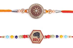 DUGAN Premium Bro Rakhi for Brother Set of 2 Rakhi Set with Rakhi Greeting Card Roli Chawal Packet - Raksha bandhan Fancy Rakhi Bracelet for Brother Rakhi for Bhaiya | Bhai Rakhi Gifts for Brother- GMRK08