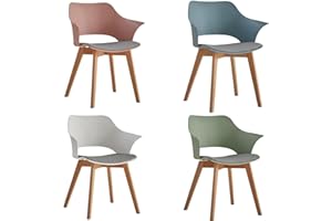 HJhomeheart Set di 4 Sedie da Pranzo, Gambe in Legno Massello, Sedie da Ufficio con braccioli, Sedie in Tessuto, Bianco+Verde+Pasta di fagioli+Morandi