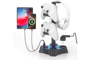 KDD Soporte Auriculares Gaming LED con Cargador USB, Soporte Mando PS5 & Soporte Cascos con 2 Puertos USB & 3 Enchufes UE, Porta Auriculares Mesa y Mando para Escritorio Gamer Accesorios Gaming PC