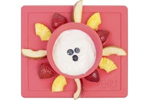 ezpz Happy Bowl (Coral) - 100% Silicone Suction Bowl with Built-in Placemat for Toddlers + Preschoolers – Dishwasher Safe