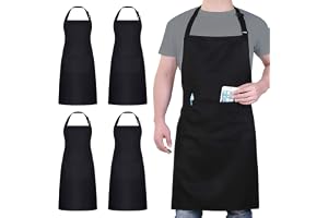 4-Pack Chef Apron Set, Black Waterproof Aprons with 2 Pockets, Adjustable Kitchen Aprons for BBQ, Cooking, Baking, Gardening and Restaurant Use