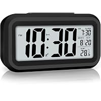 HINMIN Smart Night Light Digital Alarm Clock with Date & Indoor Temperature, Battery Operated Desk Small Clock, Clear…