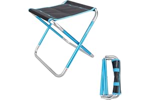 AKOLAFE Sgabello pieghevole portatile da campeggio, in metallo, 235 g, leggero, pieghevole, colore blu, per viaggi, attività all'aperto, escursione (26 x 23 x 29,7 cm)
