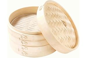 CHEFZOCO Cesta de Vapor de Bambú para Cocinar Asiático, Steamer de bambú, Canasta para vapor, Vaporera de bambú, Dim sum basket, Diámetro 24 cm, Altura 15.3 cm, 2 pisos, 800 gramos