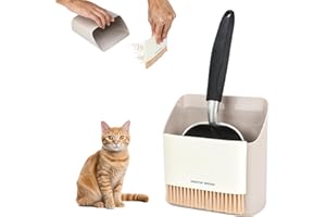 Mfsdai Katzenstreuschaufel mit Behälter Katzenklo Schaufel Schnell Siebend Inklusive tragbarem kleinen Besen und Kehrschaufel-Set Katzenstreuschaufel aus Metall（Beige）