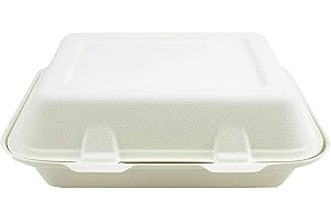 BAR@DRINKSTUFF Biodegradable Sugarcane Clamshell Takeaway Box 9 x 6 Inch - Pack of 50 - Eco-friendly Packaging