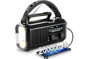 TKMARS 20000mAh Radio Portatile a Batteria Emergenza FM/AM, Radio Portatile Ricaricabile a Pile Manovella Solare con 3 Modalità, Lampada da Lettura, Allarme SOS, Bussola, può Caricare Gli Smartphone（Nero）