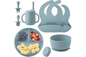 BINSUCA Set Pappa per Bambini Silicone Alimentare,7 Pezzi Set Svezzamento Silicone Piatto con Ventosa Ciotola Cucchiaio Forchetta Bavaglino,Antiscivolo Vassoio Senza BPA Impermeabili Set (Light Blue)