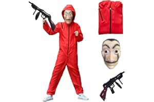 BITOWO Casa Dei Soldi Costume Bambini Tuta Rossa 104 110 116 122 128 134 140 146 con maschera costume da rapinatore per bambini costume da ladro Money Heist Costume per costumi Halooween bambini