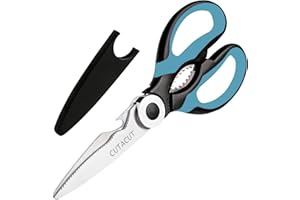 Cutacut Kitchen Scissors Stainless Steel Sharp Blades with TPR Grip - Multipurpose Kitchen Scissors Heavy Duty for Meat, Chicken, Fish, Vegetables, and Herbs – Bottle Opener. (Blue)