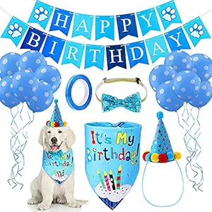 PETANGEL Dog Birthday Bandana Set |Dog Birthday Hat Dog Birthday Bandana Scarf | Shining Dog Bow Tie Collar |Dog Print Happy Birthday Banner and 10 Piece 12 Inch Paw Print Balloon with Tape for Dog.