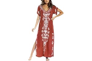 YouKD Verano Algodón Bordado Floral Flojo Caftán Boho Vestido de Bikini de Playa Bata de Talla Grande para Mujer