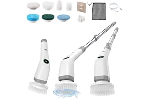 ‎KOOHORO Elektrische Reinigungsbürste Bad, 7 in 1 Electric Cleaning Brush mit austauschbaren Bohrbürstenköpfen Led Anzeige lektrische Putzbürste mit Verstellbarem Griff für Boden Küche Auto fliesen-IPX7
