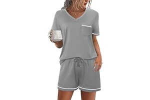Litherday Piżama damska krótka bawełniana piżama letnia piżama damska koronkowa koszulka i spodnie z kieszeniami i sznurkiem miękkie i wygodne