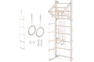 ‎MAMOI MAMOI Drabinka wspinaczkowe do wnętrz | Ścianka ze szczeblami do pokoju | Pierścienie gimnastyczne + drabinka linowa | Ścianka wspinaczkowa i sprzęt gimnastyczny | Wyposażenie do ćwiczeń