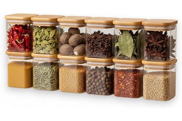 Airtight Square Glass Storage Jar with Bamboo Lid 220ML Pack of 12 Borosilicate Multipurpose Kitchen Container for Coffee, Tea, Sugar, Masala, Spices & Dry Fruits Transparent Pantry Organizer