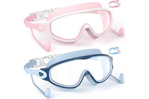 SHINER Lot de 2 Lunettes de Natation Enfants, Grand Champ de Vision HD 180°, Anti-Buée & Protection UV, Silicone Doux Réglable,avec Bouchons d’Oreilles & Pinces-Nez