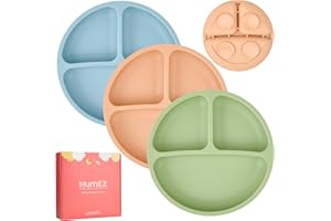 MumEZ Silikonowy talerz dla niemowląt z przyssawką, antypoślizgowy, z przyssawką, dzielony, stabilny talerz dla niemowląt, bez BPA (niebieski, zielony i brązowy)