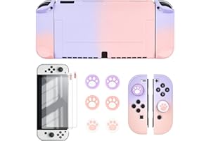 DLseego Custodia Protettiva per Nintendo Switch Modello OLED, Cover Rigida per PC con 2 pellicole Proteggi Schermo e 6 Tappi per Pollice per Switch OLED Console 2021, Rosa e viola