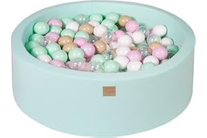MEOWBABY Piscine À Balles pour Bébé - Rond 90x30cm Piscine a Balle pour Enfant avec 200 Balle, Coton, Menthe: Rose Pastel/Transparent/Beige/Blanc/Menthe