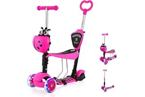 YOLEO 5-in-1 Kids Scooter with Removable Seat, LED Flashing Wheels Height Adjustable 3 Wheels Kick Scooter with Push Handle for Toddlers, Boys and Girls from 2 Years