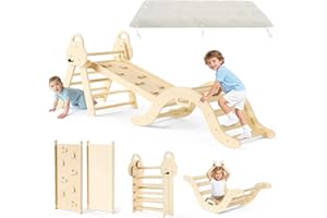 Krovtoy 7-in-1 Montessori Indoor Play Set, Indoor Climbing Triangle, Climbing Arch with Cushions, and Slide for Children for 1-3 Years (3-piece set - includes foam cushion - natural wood finish)