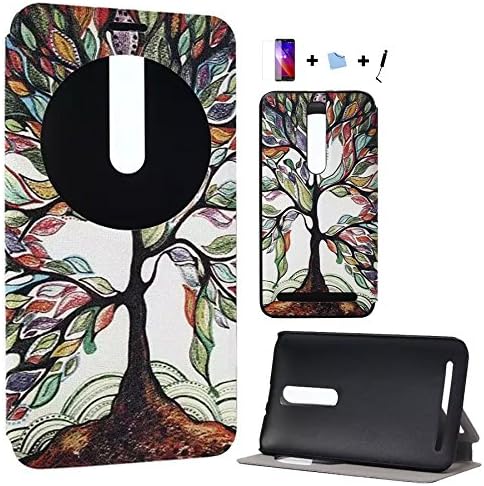 TIODIO® 4 in 1 Fashion Style Case Stand Flip PU Leather Protective Cover For Asus Zenfone 2 ZE551ML ZE550ML 5.5 round window Protective Carrying Case Leather Wallet Case Cover Case, Screen Protector Film and Stylus Pen included, A07