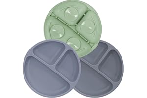 MOJINL Kinderteller mit Saugnapf Rutschfest Silikon Baby Teller BPA Frei Babyteller Kinder Tischset Babygeschirr Spülmaschinenfest für Kleinkinder 3 Stück (Taubenblau/Graphitgrau/Grün)