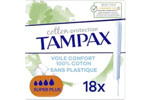Tampax Cotton Protection, Super Plus, 18 Tampons avec applicateur Sans Plastique, Flux Abondants, Coeur de tampon en Coton Biologique, Sans Parfum ni Colorant