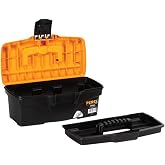 Perel Tool Box 7.1 Litres, Compact Case with Removable Tray, Plastic Closure, Folding Handle, Black Orange 32 x 16.5 x 13.8 c