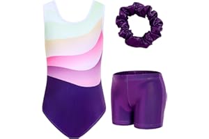 JiAmy Maillot Gimnasia Ritmica para Niña, Maillot Ballet Cuello redondo Maillot Disfraz Gimnasta Incluyendo Hairband Pantalones cortos Niña de 3 a 12 años