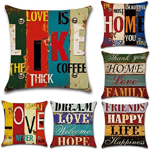 Set of 6 Retro letters Linen Pillowcase Sofa Home Decor Cushion Cover 45x45cm 18X18 inch