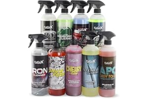 FULLCARX Kit Limpieza Coche Exterior Interior Detailing, Limpia Llantas, Tapicería, Renovador Plásticos Salpicaderos, Champú PH Neutro y Alcalino Rosa, Cera Carnauba, APC Listo al Uso Limpiacristales