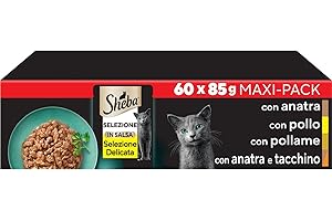 Sheba Selezione in Salsa, Pollo, Tacchino, Anatra E Pollame, Cibo Umido Completo per Gatti Adulti, 60 Bustine, 85 g, Confezione da 60