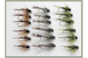 JUST CATCH 18 BARBLESS Tungsten Bead Trout Flies - Hares Ear, Olives, and Pheasant Tails,