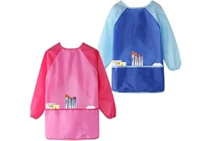 BOOSHMall Pack of 2 Children's Painting Aprons, Waterproof Painting Gowns 8-10 Years with Sleeves and 3 Pockets, for Art, Crafts, Painting, Cooking, Baking, Food, Blue & Red