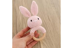 YIEUR Gehäkelte Babyrassel，Pink Häschen baby Häkeln Holz Greifling, Baby Sachen Beißring Geschenk zur Geburt Holzring, Holzspielzeug Handmade Junge und Mädchen (Häschen-Pink)