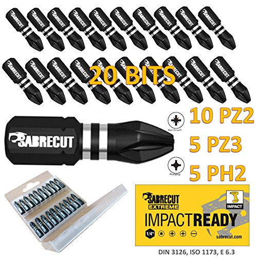 20 x sabrecut 25 mm PZ2 PZ3 PH2 Impact Treiber Bits Set Single Ended Pozidriv Nr. 2 Nr. 3 Phillips Nr. 2 Heavy Duty inklusive Aufbewahrungsbox