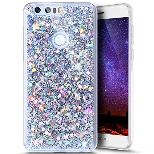 Huawei Honor 8 Hülle,Silikon Schutzhülle für Huawei Honor 8,Huawei Honor 8 Bling Hülle,Ukayfe Luxus Schön Shiny Glänzend Glitzer Weiche TPU Abdeckung Crystal Silikon Tasche Schutzhülle Shinning Strass Rückseite Hülle Etui Cover für Huawei Honor 8 (Silber)
