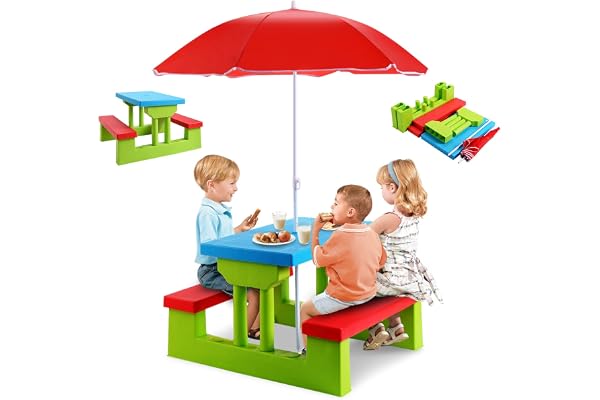 RELAX4LIFE Ensemble Salon de Jardin pour Enfant Comprenant 1 Table 2 Bancs 1 Parasol Centré en Couleurs Vives, Table de Jardin pour Pique-Nique Cour Patio Piscine (Rouge-Vert, PP | Dia.107x135cm)