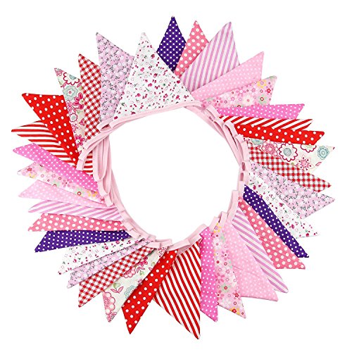 Fabric Bunting, Ndier Pink Flag Banner Vintage Floral Party Decor 32 Feet Double Sided Triangle Pennant Flag Shabby Chic Decoration for Valentine's Day Wedding Birthday Ceremony